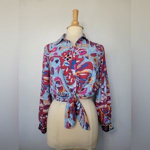 Cupcakes & Cashmere Floral Paisley Cropped Tie Front Button Down Top SZ XS